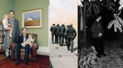 Collage aus drei Werken der Ausstellung, Familienportrait, Polizeitraining, Prostituierter