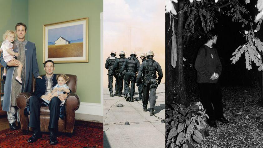 Collage aus drei Werken der Ausstellung, Familienportrait, Polizeitraining, Prostituierter