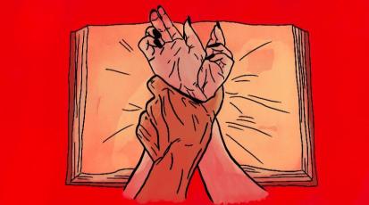 Illustration zweier Hände, bei der eine Handgelenke einer anderen Person festhält; im Hintergrund liegt ein geöffnetes Buch auf rotem Untergrund.