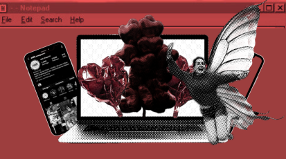 Gute Fee des Internets fliegt vor Bildschirm mit Herzballons