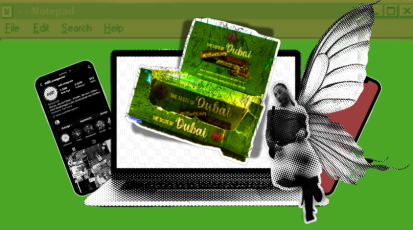 Grafik: Laptop Bildschirm mit Dubai-Schokolade und Trend-Fee