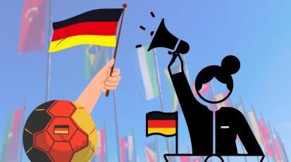 Deutschland Flagge, Fußball, Politiker und im Hintergrund unterschiedliche Länderflaggen