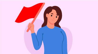 Traurige Frau hält rote Fahne in der rechten Hand hoch