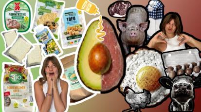 Collage mit veganen Ersatzprodukten links und Tieren bzw. Tierprodukten rechts