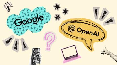 Collage mit Google- und OpenAI-Logo, Fragezeichen und Smartphone, die die Nutzung von klassischer Suche und KI-Tools visualisiert.
