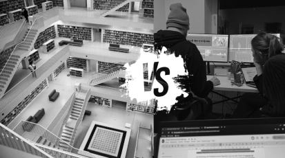 A Library representing the academic sector compared with a video editing situation representing the practical experience.