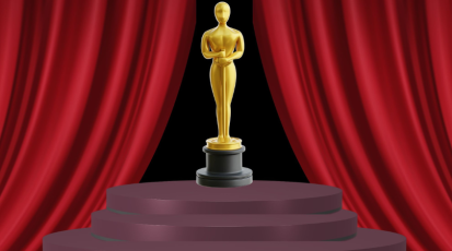 Eine Illustration von einem Oscar, umgeben von einem roten Vorhang.
