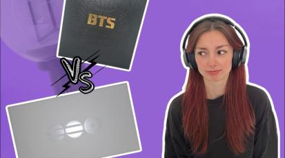 Eine Collage, die eine Frau und das erste und letzte Album von BTS zeigt.
