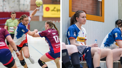 Das Bild zeigt zwei Szenen aus dem Handball, links die Perspektive im Wettkampf und rechts die niedergeschlagene Perspektive nach dem Spiel.