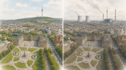 Das Bild ist KI-generiert. Zu sehen ist auf der linken Seite der Stuttgarter Schlossplatz, wie er heute aussieht, mit strahlendem Himmel. Rechts ist eine überspitzt dargestellte Zukunftsvision mit viel Rauch aus Atom- und Kohlekraftwerken.