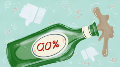 Eine Zeichnung einer Bierflasche. Auf dem Etikett steht 0,0-Prozent Alkohol.  
