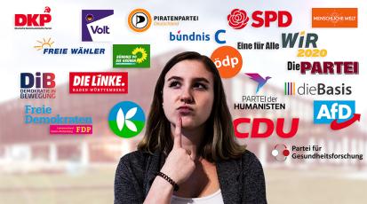 Frau vor Parteilogos