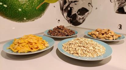 Zu sehen sind vier kleine Häufchen von unterschiedlichen Lebensmitteln wie Müsli, Haferflocken und Nüssen.