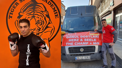 Die beiden Bilder zeigen Kickboxer Gökhan Arslan in seinem Studio und vor einem Van in der Türkei.