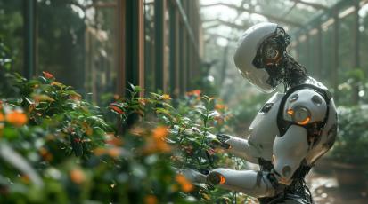 Futuristischer humanoider Roboter inmitten eines Gewächshauses blickt in ein Blumenbeet.