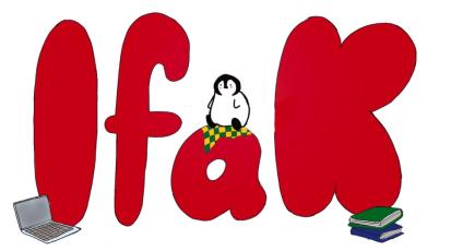 Ein Comic mit großen rote Buchstaben "IfaK" und ein Pinguin. 