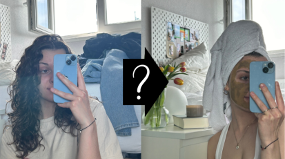 links: Spiegelbild, im Hintergrund sieht man Chaos auf dem Bett (Klamottenhaufen), rechts: Spiegelbild mit aufgeräumtem Zimmer, Person trägt eine Gesichtsmaske und einen Handtuchturban 