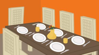Zeichnung eines Esstisches mit Tellern und Besteck und Stühlen um den Tisch herum