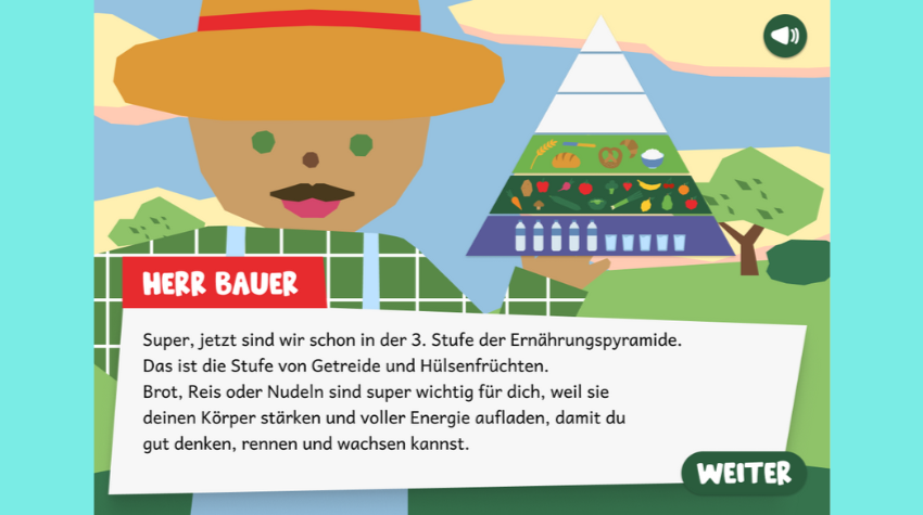 Der fiktive Herr Bauer erklärt in einem Text den Kindern, welche Lebensmittel für sie wichtig sind.
