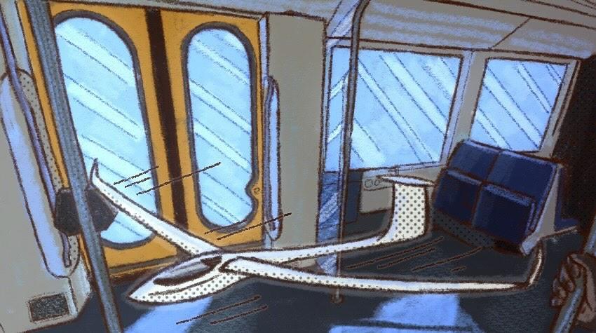Ein Segelflugzeug, welches durch die U-Bahn fliegt