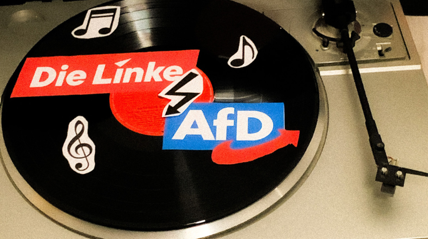 Logo der Linken und der AfD auf einem Plattenspieler, darum sind Noten und ein Blitzsymbol platziert 