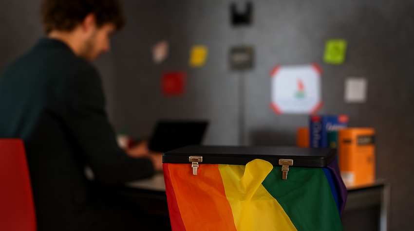 Ein Mann sitzt am Schreibtisch, im Vordergrund ist ein Aktenkoffer. Aus dem Aktenkoffer hängt eine Prideflag