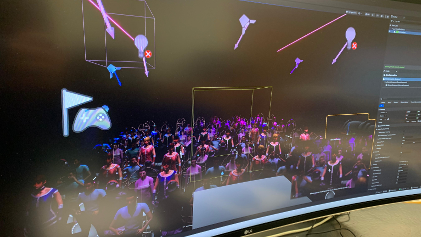 Eine computergenerierte Crowd auf einem Bildschirm. 