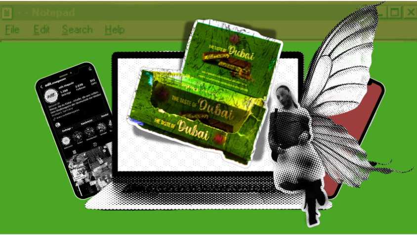 Grafik: Laptop Bildschirm mit Dubai-Schokolade und Trend-Fee