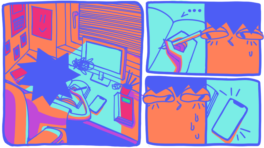 Auf dem Bild sind drei Kacheln zu sehen. In den Kacheln ist eine Comicfigur abgebildet. In der Kachel links sitzt die Figur an einem Schreibtisch und schreibt in ein Notizbuch. Die Figur ist angespannt, da sie nicht weiß was sie schreiben soll. Die zweite Kachel zeigt ein Close-up des angespannten  Gesichts der Figur und ein Close-up ihrer Hand die nicht weiterschreibt. In der letzten Kachel blickt die Figur auf ihr Handy und überlegt eine KI zu benutzen.