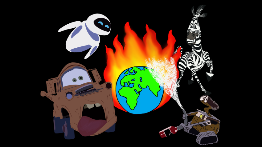 Die Animationsfiguren Eve, Hook, Marty und Wall-E löschen die brennende Welt.