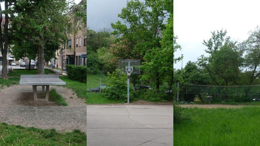 Drei öffentliche Sportplätze in Stuttgart. Eine Tischtennisplatte am Bihlplatz, ein Basketballkorb an der Doggenburg und ein Beachvolleyballfeld am Feuerbacher Weg.