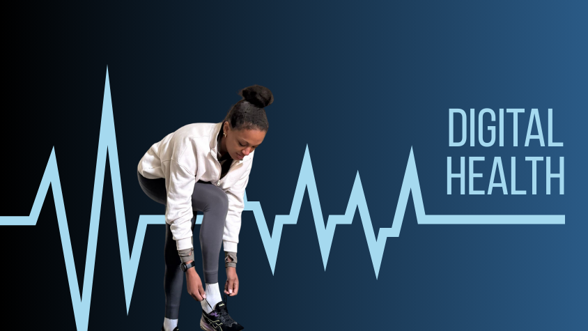 Zu sehen ist eine Sportlerin mit Fitnessuhr und im Hintergrund eine Herzfrequenz-Kurve und die Überschrift Digital Health.