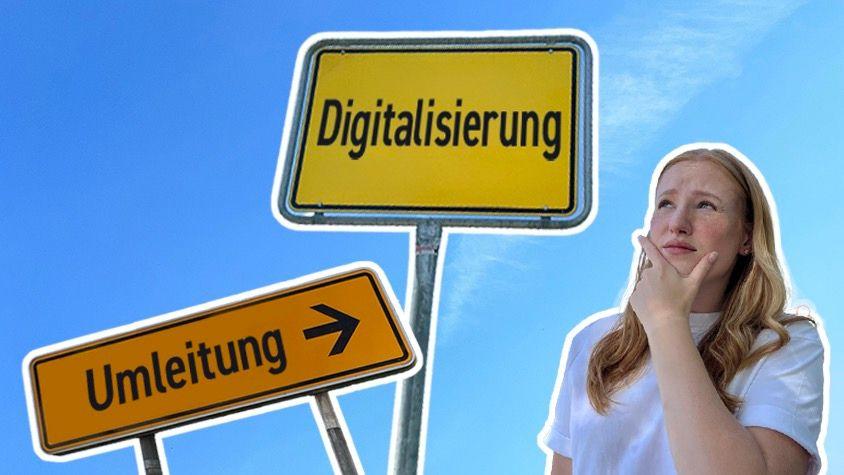 Verwirrter Blick auf Straßenschild „Digitalisierung" und „Umleitung"