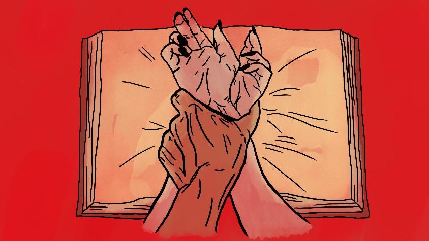 Illustration zweier Hände, bei der eine Handgelenke einer anderen Person festhält; im Hintergrund liegt ein geöffnetes Buch auf rotem Untergrund.