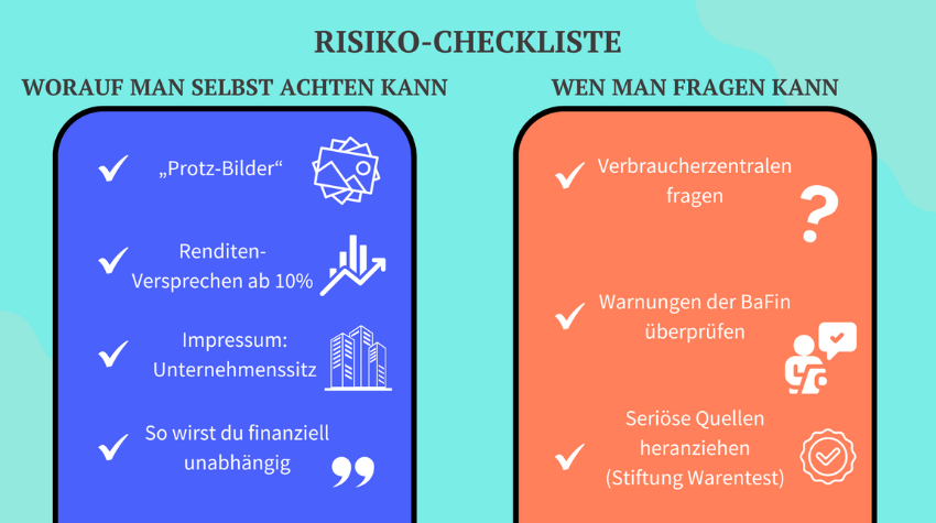 Infografik zeigt Tipps, worauf man selbst bei Finfluencer*innen-Werbung achten und wen man fragen kann.