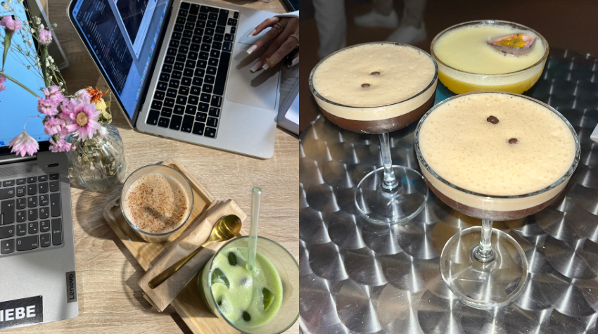 Zwei nebeneinander angeordnete Bilder: Links stehen zwei Laptops auf einem Tisch neben Kaffee, Matcha und Blumen, rechts sind mehrere Cocktails auf einem Metalltisch zu sehen.