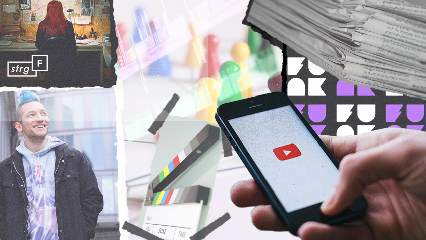 Collage von Rezo, STRG_F, Funk und einem Handydisplay mit dem YouTube Logo.