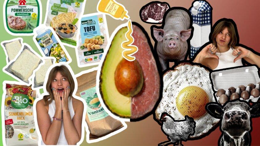 Collage mit veganen Ersatzprodukten links und Tieren bzw. Tierprodukten rechts
