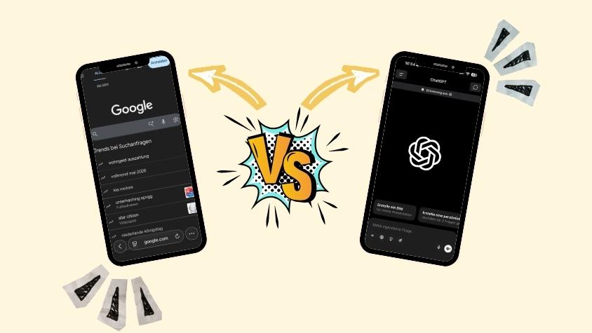 Vergleich von Google und ChatGPT auf zwei Smartphones.