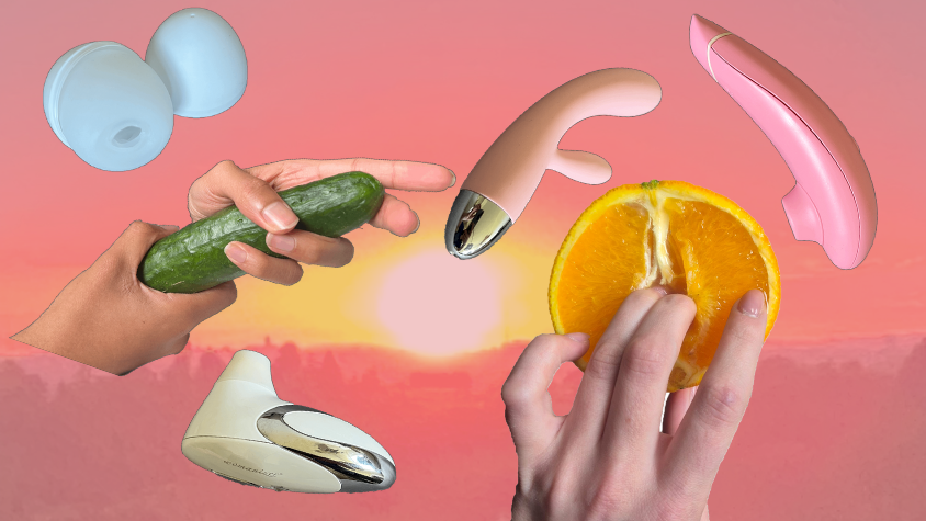 Eine Gurke an der eine Hand angelegt ist, sowie auch eine Orange, bei der auch eine Hand angelegt ist.