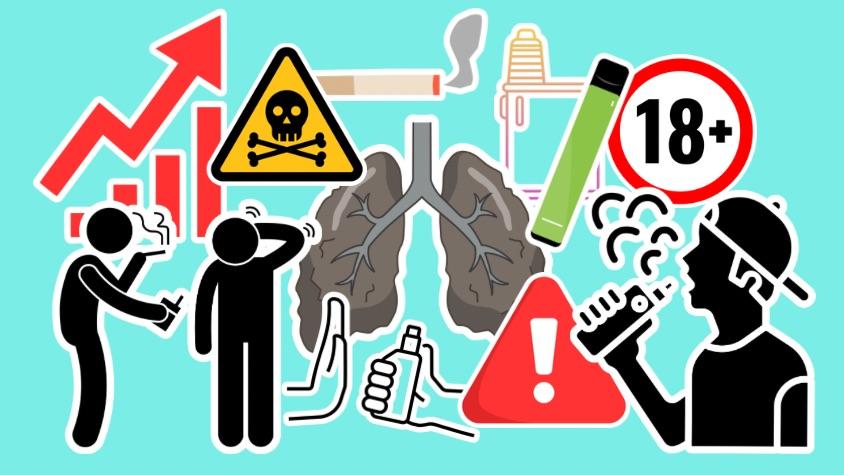 Die Collage zeigt verschiedene Komponenten, die entweder beim Konsum von Vapes auftreten oder dazu führen können.