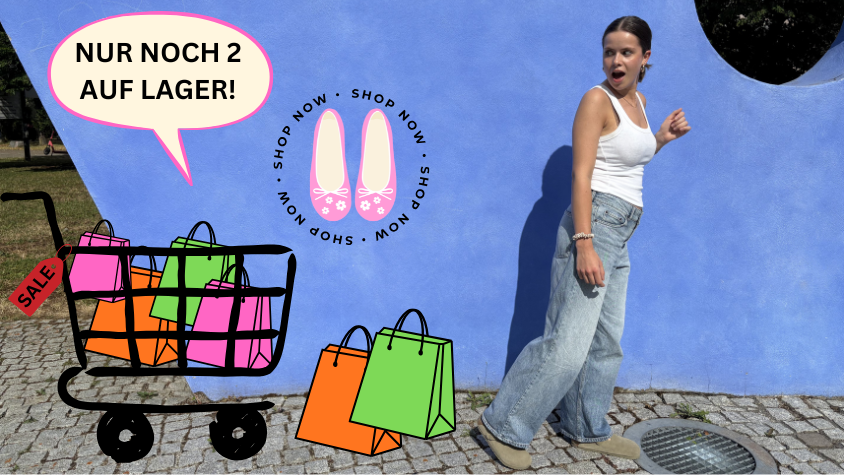 Eine Person blickt mit geöffnetem Mund nach links vor einer blauen Wand. Daneben sind ein Einkaufswagen mit Einkaufstaschen, weitere Taschen, eine Sprechblase mit „Nur noch zwei auf Lager!“ und ein „Shop not“-Logo abgebildet.