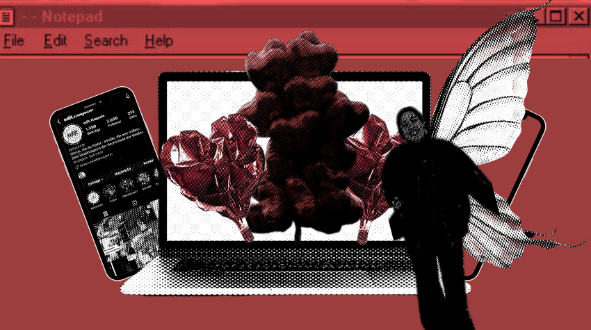 Gute Fee des Internets vorLaptop mit Herzballons