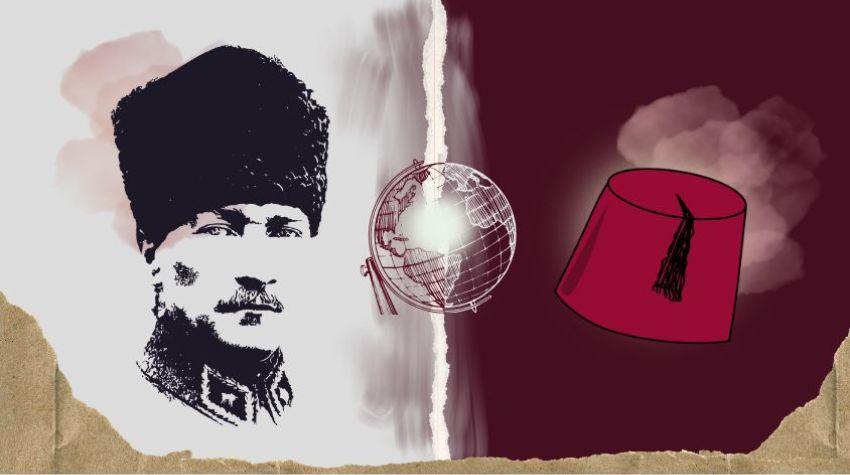 Portrait von Atatürk und Abbildung eines Fes