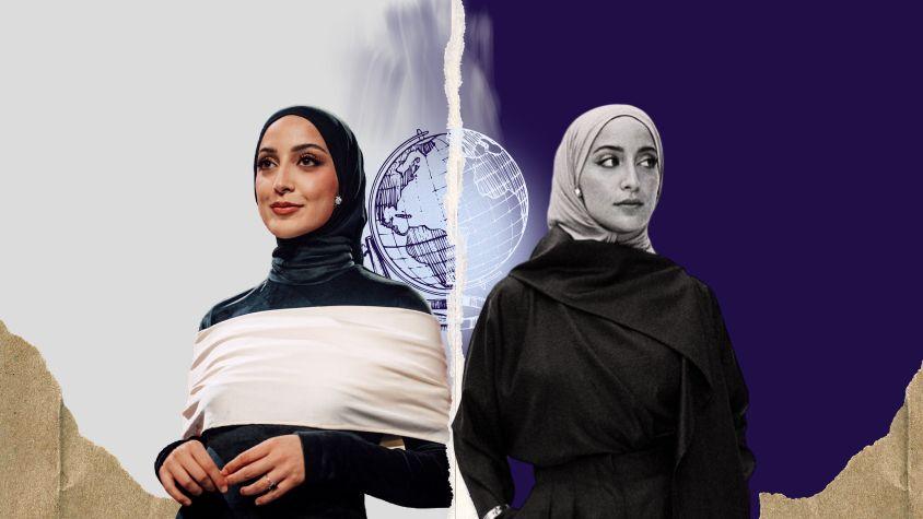 Büşra Sayed einmal in schwarz-weiß und einmal in Farbe vor einer Weltkugel