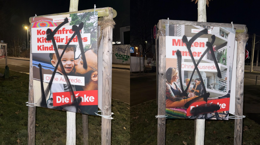 Linken Wahlplakate, die mit einem Hakenkreuz beschmiert wurden (Wahlkampf BW-Landtag 2026)