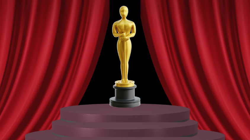 Eine Illustration von einem Oscar, umgeben von einem roten Vorhang.