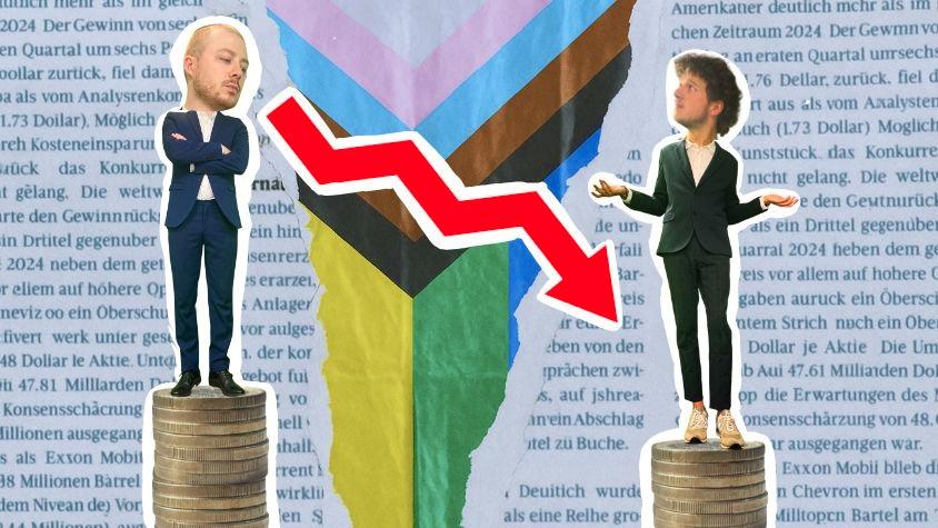Zwei Männer im Anzug stehen jeweils auf einem Münzstapel. Der rechter Stapel ist höher als der Linke. Der Hintergund ist ein Textausschnitt aus einem Magazin. In der Mitte des Hintergundes sieht man die Pride Flag 