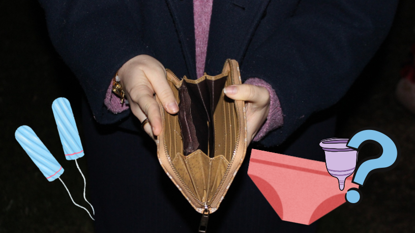 Foto von leerem Geldbeutel mit Symbolen von Tampons, Slips und „Cups“