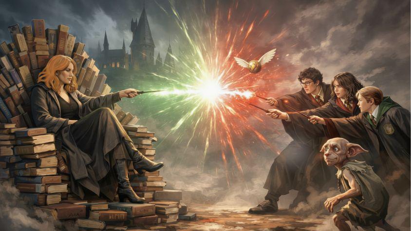 Drei Menschen in Hogwarts Unifromen kämpfen in einem magischen Duell gegen die Buchautorin J.K. Rowling